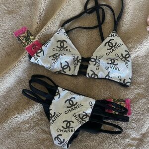 CHANEL PRINT Black and silver shimmer Logo Strappy Bikini